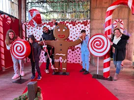 Entrada iluminada del complejo Magic Robin Hood en diciembre